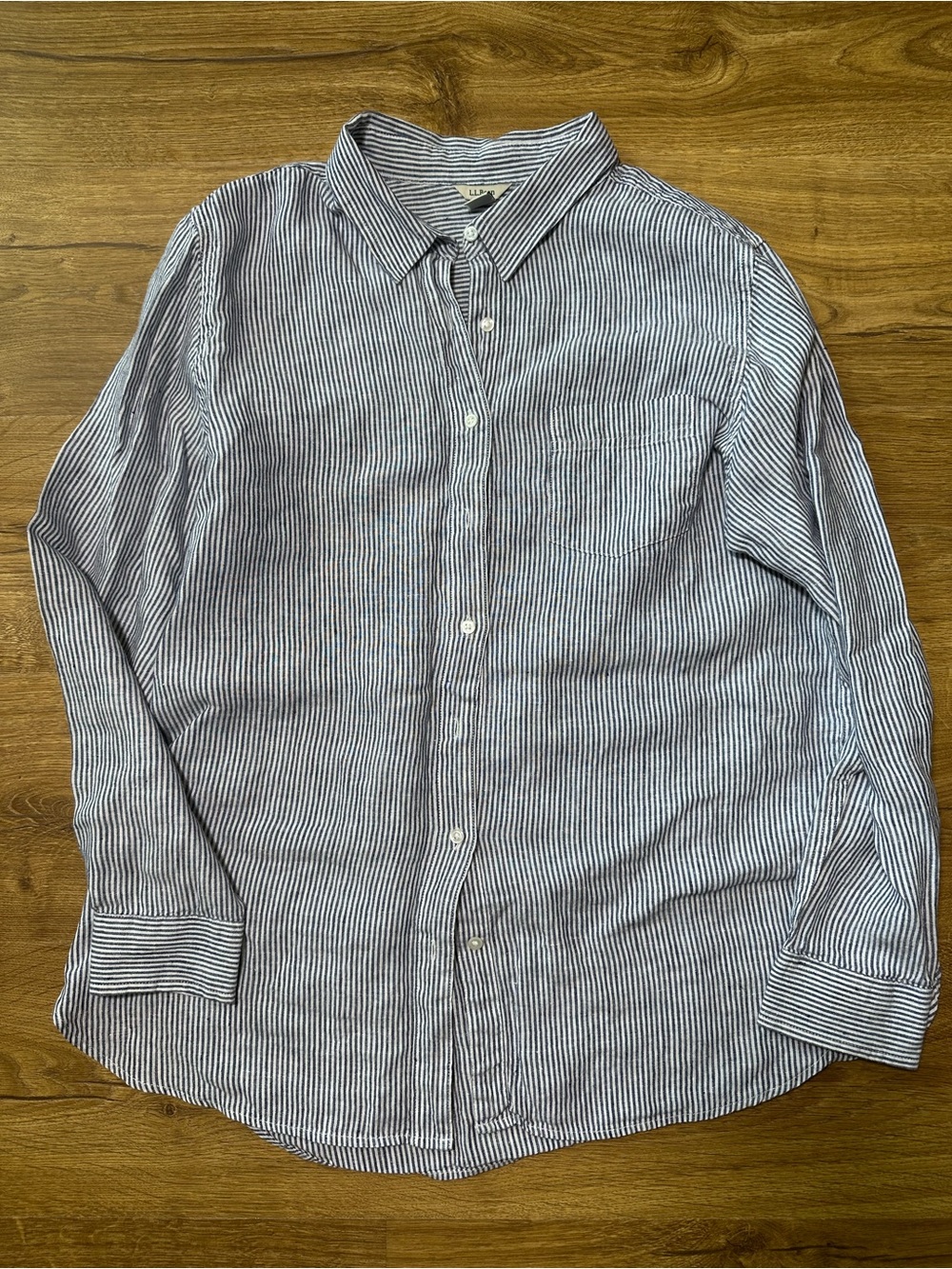 L.L. Bean 100% Linen Blue & White Striped Button-Down Shirt Large